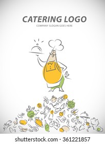 Vector template of catering company logo. Restaurant food elements collection. Catering, outdoor events and restaurant service insignia, food icons. Hand drawn cupcake, chair, sausage, photo elements.