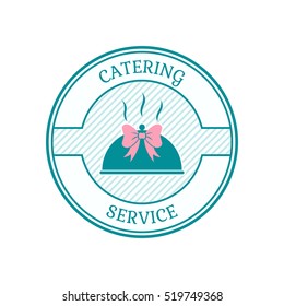 Vector template of catering company logo. Round emblem in teal colors with tray and pink bow isolated on white background. Catering, outdoor events and restaurant service icon.
