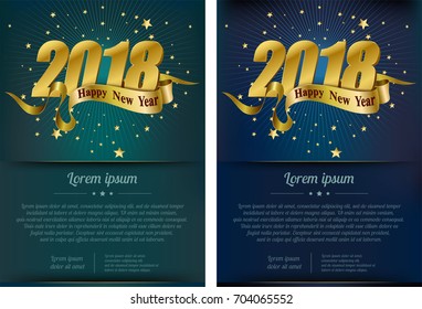 Vector Template of celebration and star for Happy new year 2018 season with gold ribbon design of elements, dark green or Turquoise blue background - vector illustration