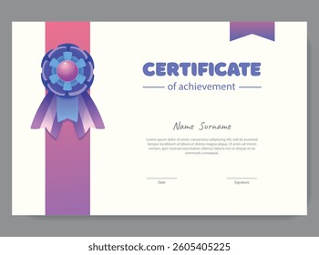 Vector template of certificate of achievement in bright style. Award ribbon.