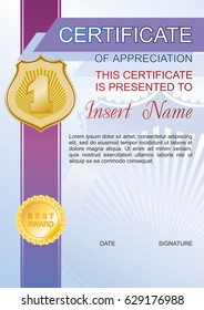 Vector template certificate of appreciation with colorful pattern, attributes of victory and place for text. Design usable for diploma, invitation, gift voucher, coupon, official or different awards