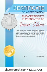 Vector template certificate of appreciation with colorful pattern, attributes of victory and place for text. Design usable for diploma, invitation, gift voucher, coupon, official or different awards