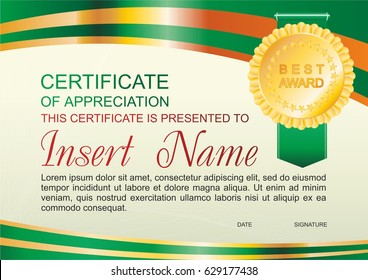 Vector template certificate of appreciation  with colorful stripy pattern and place for text. Design usable for diploma, invitation, gift voucher, coupon, official or different awards. 