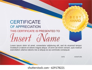 Vector template certificate of appreciation  with colorful stripy pattern and place for text. Design usable for diploma, invitation, gift voucher, coupon, official or different awards. 