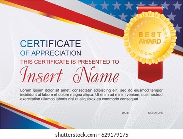 Vector template certificate of appreciation  with colorful stripy pattern and place for text. Design usable for diploma, invitation, gift voucher, coupon, official or different awards. 