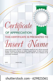 Vector template certificate of appreciation with colorful pattern and a beautiful bow, and place for text. Design usable for diploma, invitation, gift voucher, official or different awards