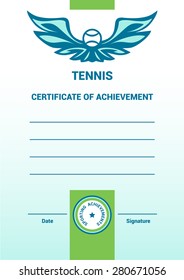 Vector Template Certificate, Diploma, tennis. Simple, modern design. Wings and a tennis ball. Tennis competitions. Place for text.
