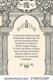 A vector template for a certificate or diploma in a vintage classic style with a frame featuring an architectural arch with antique columns and trees and space for an inscription. Suitable for educational institutions, universities, schools, book festivals, and bookstores.