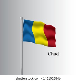 Vector template of Chad flag on metallic pole. Waving flag of Chad on flagstaff- country symbol. Isolated illustration on white background.