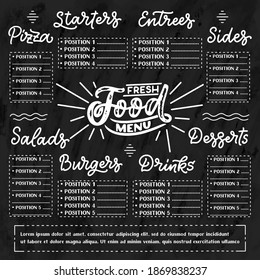 Vector template Chalkboard menu for restaurant and snack bars with grunge elements, names. Fresh food design