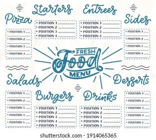 Vector template Chalkboard menu for restaurant and snack bars with grunge elements, names. Fresh food design