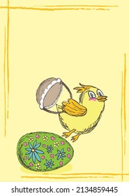 Vector template of cheerful easter card with copy space. A chicken with a basket flies near a painted floral egg on a yellow background