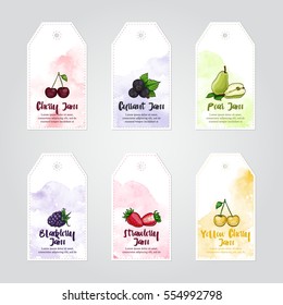 vector template of cherry, currant, pear, blackberry, strawberry, yellow cherry jams labels with watercolor background