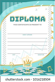 Vector template child chess certificate to be awarded. For kindergarten preschool and scholl kids. Diploma design is for competition sports winner. Figure. Pawn, knight, bishop, rook and queen, king.