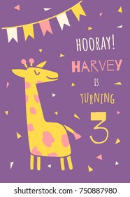 vector template of a children birthday invitation, cute giraffe, flags and text