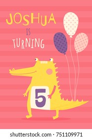 vector template of a children birthday invitation, yellow crocodile, text, striped background