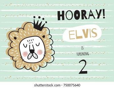 vector template of a children birthday party invitation, horizontal orientation, cute lion head in a crown