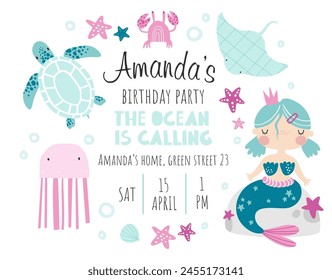 Vector template children's birthday party invitation. Mermaid party. Kids party in sea style. Cute girl mermaid, turtle, jellyfish. Baby shower. Baby Girl. Happy Birthday kids card. Newborn party.