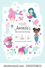 Vector template children's birthday party invitation. Mermaid party. Kids party in sea style. Cute girl mermaid, turtle, jellyfish. Baby shower. Baby Girl. Happy Birthday kids card. Newborn party.