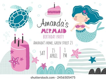 Vector template children's birthday party invitation. Mermaid party. Kids party in sea style. Cute girl mermaid, turtle, pink cake. Baby shower. Baby Girl. Happy Birthday kids card. Newborn party.