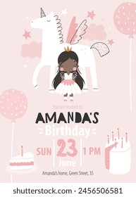 Invitación de fiesta de cumpleaños para niños de Plantilla de Vector. Fiesta de unicornio de princesa para niños. Pony. Caballo. Bebé ducha. Bebé. Tarjeta de feliz cumpleaños para niños. Recién nacido. Celebración. Invitación rosa delicada de la muchacha.