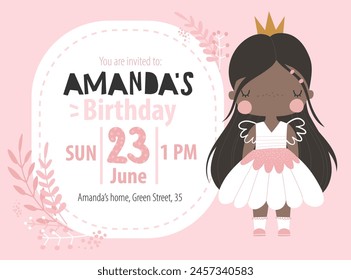 Vector template children's birthday party invitation. Kids princess party. Cute little baby girl princess in a pink dress. Baby shower. Happy Birthday card. Girly delicate pink invitation.