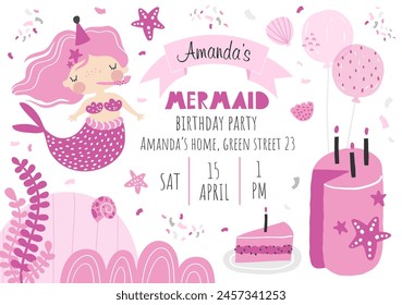 Vector template children's birthday party invitation. Mermaid party. Kids party in sea style. Cute girl mermaid, turtle, pink cake, balloons. Baby shower. Baby Girl. Happy Birthday kids card. 