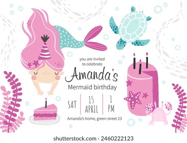 Vektorgrafik Vorlage Kindergeburtstag Party Einladung. Meerjungfrauen-Party. Kinder feiern im Meeresstil. Süße Mädchen Meerjungfrau, Schildkröte, rosa Kuchen. Baby-Dusche. Kleines Mädchen. Happy Birthday Kinderkarte. Die Neugeborenen-Party.