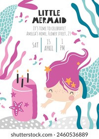 Invitación de fiesta de cumpleaños para niños de Plantilla de Vector. Fiesta de sirenas. Fiesta infantil al estilo del mar. Linda sirena chica, corazones, pastel rosa. Bebé ducha. Bebé. Tarjeta de feliz cumpleaños para niños. Fiesta de recién nacidos.