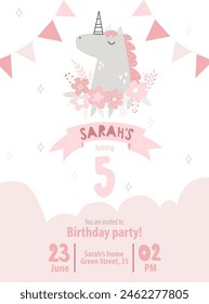 Vector template children's birthday party invitation. Kids unicorn party. Pony. Horse. Baby shower. Baby Girl. Happy Birthday kids card. Newborn party. Celebration. Girly delicate pink invitation.