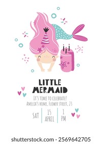 Vector template children's birthday party invitation. Mermaid party. Kids party in sea style. Cute girl mermaid, hearts, pink cake. Baby shower. Baby Girl. Happy Birthday kids card. Newborn party.