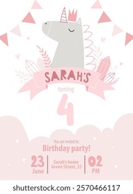 Vector template children's birthday party invitation. Kids unicorn party. Pony. Horse. Baby shower. Baby Girl. Happy Birthday kids card. Newborn party. Celebration. Girly delicate pink invitation.