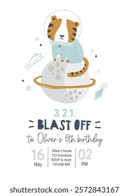 Vector template children's birthday party invitation. Cute tiger astronaut, planet Saturn and stars. Kids space party. Happy Birthday kids card. Newborn party. Celebration. Scandinavian. Blast off.