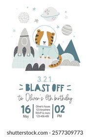 Vector template children's birthday party invitation. Cute tiger astronaut in space, planets, stars and rocket. Space landscape, mountains and humps. Kids space party. Newborn party. Blast off.