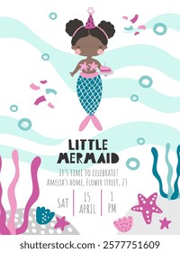 Vector template children's birthday party invitation. Mermaid party. Kids party in sea style. Cute girl mermaid, pink cake, seaweeds. Baby shower. Baby Girl. Happy Birthday kids card. Newborn party.