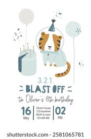 Vector template children's birthday party invitation. Cute tiger astronaut, cake, balloons, confetti. Kids space party. Happy Birthday kids card. Newborn party. Celebration. Scandinavian. Blast off.