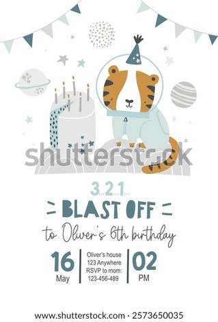 Vector template children's birthday party invitation. Cute tiger astronaut, planets, cake, stars. Kids space party. Happy Birthday kids card. Newborn party. Celebration. Scandinavian. Blast off.