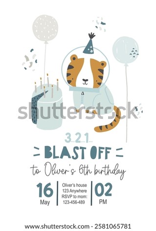 Vector template children's birthday party invitation. Cute tiger astronaut, cake, balloons, confetti. Kids space party. Happy Birthday kids card. Newborn party. Celebration. Scandinavian. Blast off.