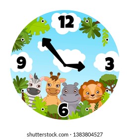 Vector template of children's watches. The basis of the clock for the children's room. Illustration of a cute african animals.
