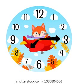 Vector template of children's watches. The basis of the clock for the children's room. Illustration of a cute little fox on an airplane
