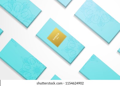 Vector template. Chocolate bars with gentle round patterns. Golden frame for text.