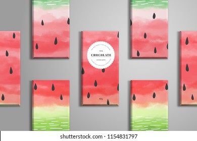 Vector template. Chocolate bars. Watercolor pattern with watermelon.