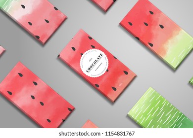 Vector template. Chocolate bars with watermelon. Pattern in watercolor style.