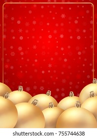 vector template with Christmas balls with golden balls. on a red background with snowflakes