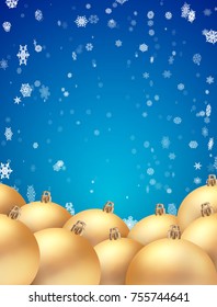 vector template with Christmas balls with golden balls. on a blue background with snowflakes