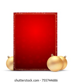 vector template with Christmas balls with golden balls. on a red background with snowflakes