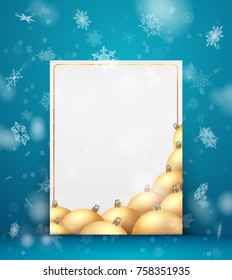 vector template with Christmas balls with golden balls. isolated on a blue background with snowflakes