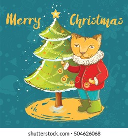 Vector template for christmas card with cute kitten decorate christmas tree. 