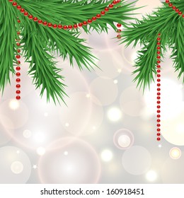 vector template of christmas card with decorated christmas tree branch on the sparkling silver background