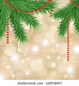 vector template of christmas card with decorated christmas tree branch on the sparkling gold background
